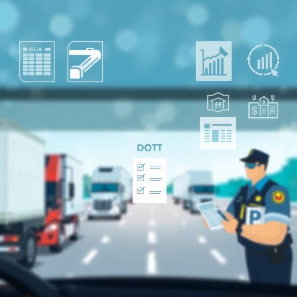 CSA & Enforcement Focus visualized through a HUD-style digital overlay showing DOT officer, commercial trucks, and compliance data on a highway