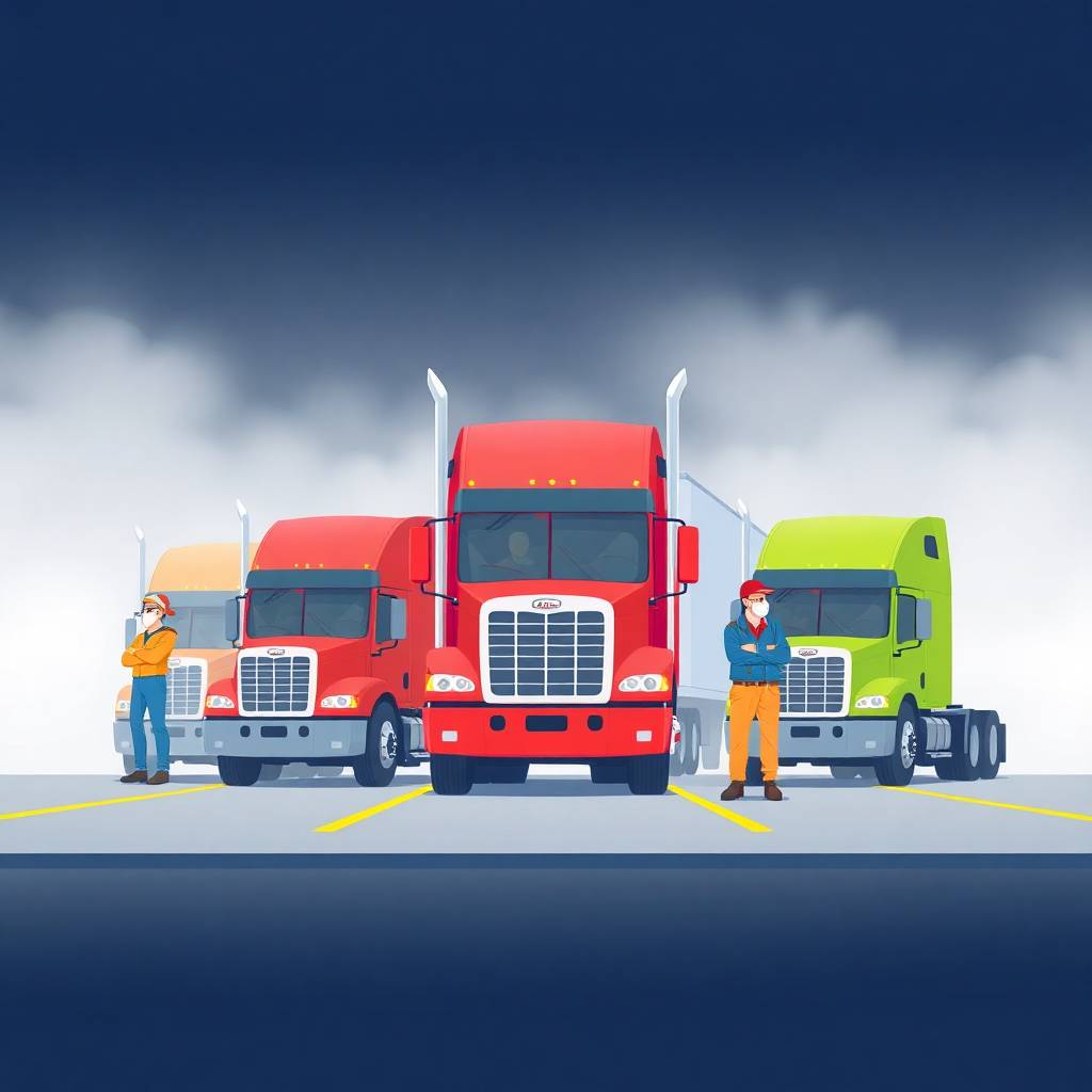 CSA & Enforcement Focus depicted with truck drivers standing beside brightly colored trucks in dense fog.