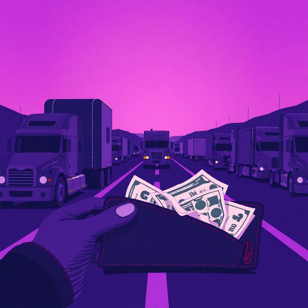 CSA & Enforcement Focus visualized through a stylized wallet with crumpled cash in front of idle trucks on a highway