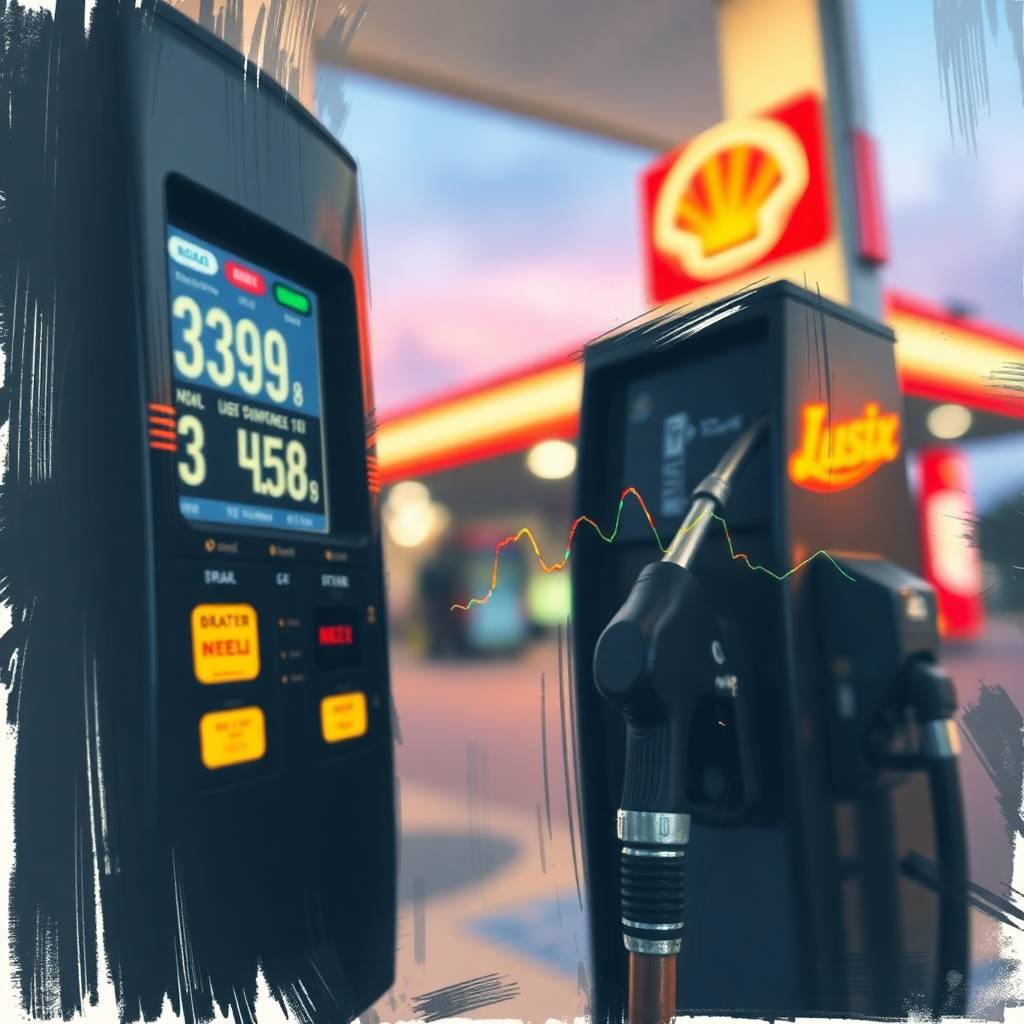 Diesel Fuel Price Swings illustrated through dynamic sketch of gas pumps with fluctuating graph overlay and fuel price display.