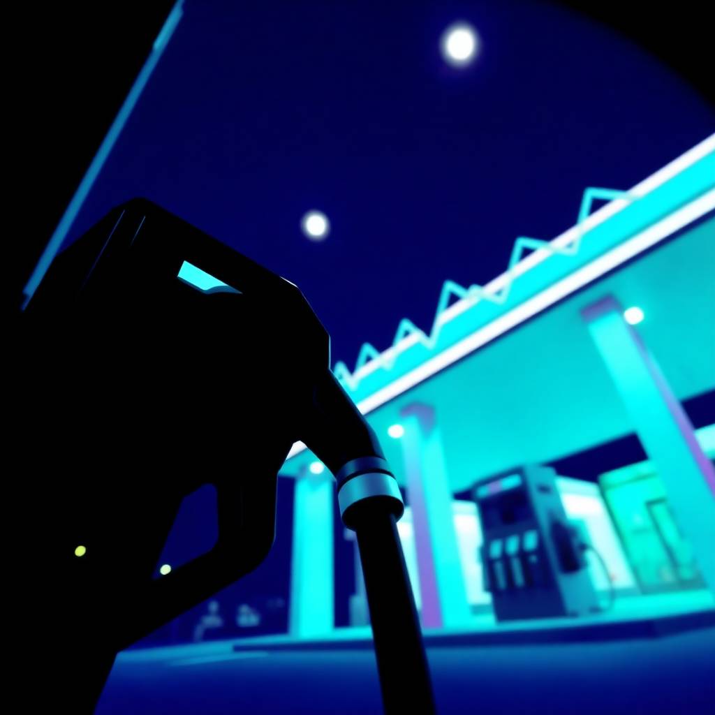 Diesel Fuel Price Swings illustrated with a fuel pump in the foreground and a stylized gas station in the background at night