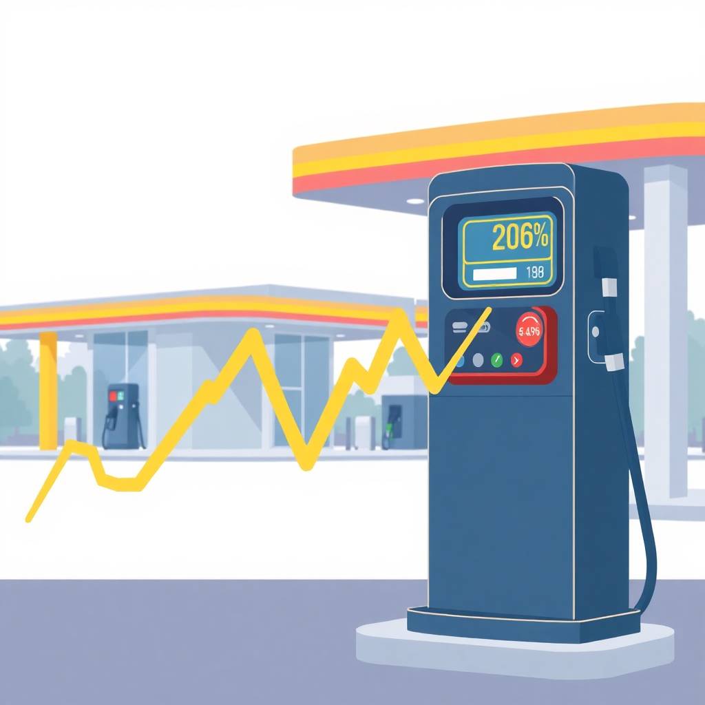 Diesel Fuel Price Swings shown through a flat-style illustration of a fuel pump with a sharp fluctuating yellow graph and modern gas station in the background