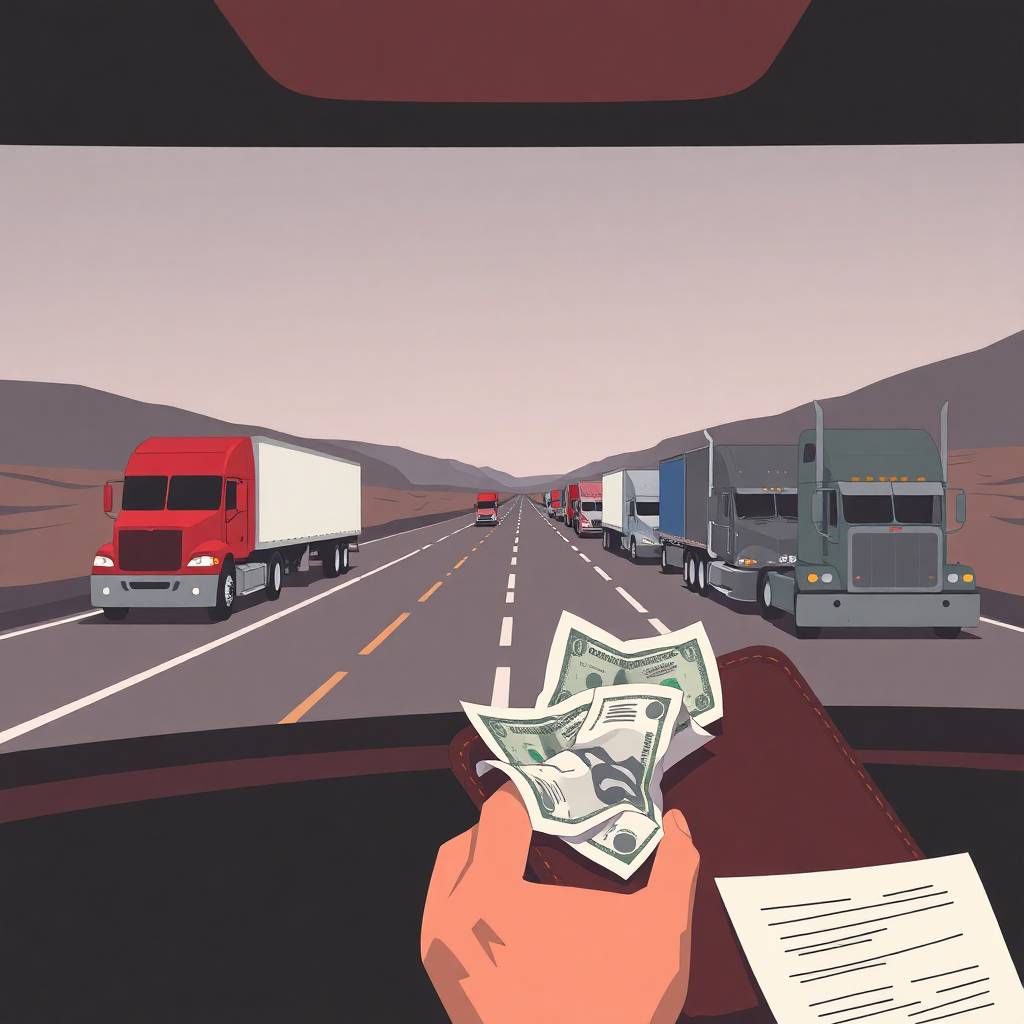Diesel Fuel Price Swings shown through a trucker's wallet with cash and paperwork, lined with idle semi-trucks on a highway