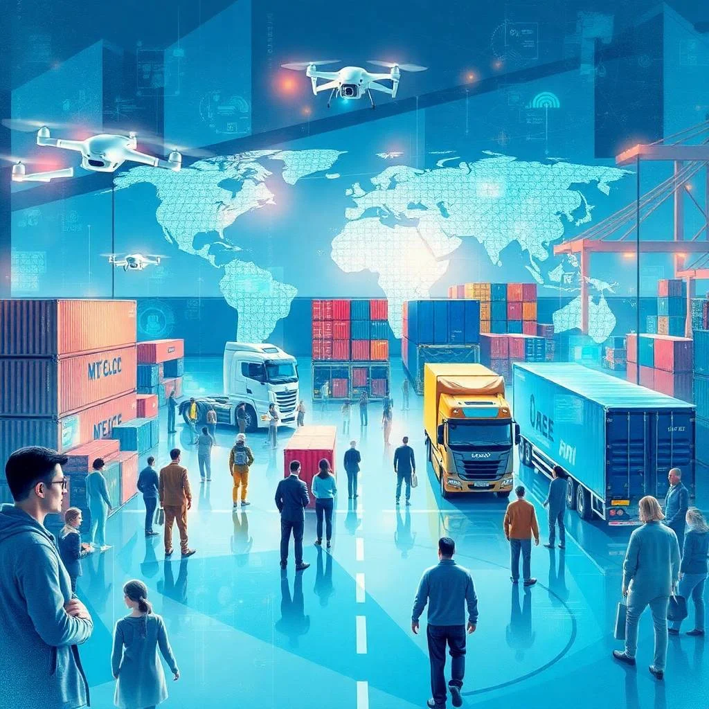 Digital Freight Technologies illustration of smart shipping hub with global logistics tools