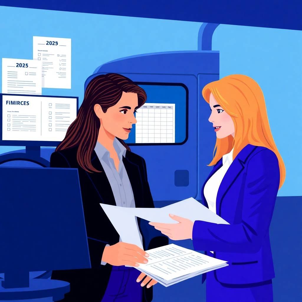 Two transportation professionals preparing documents for a DOT audit in front of a semi-truck in 2025.