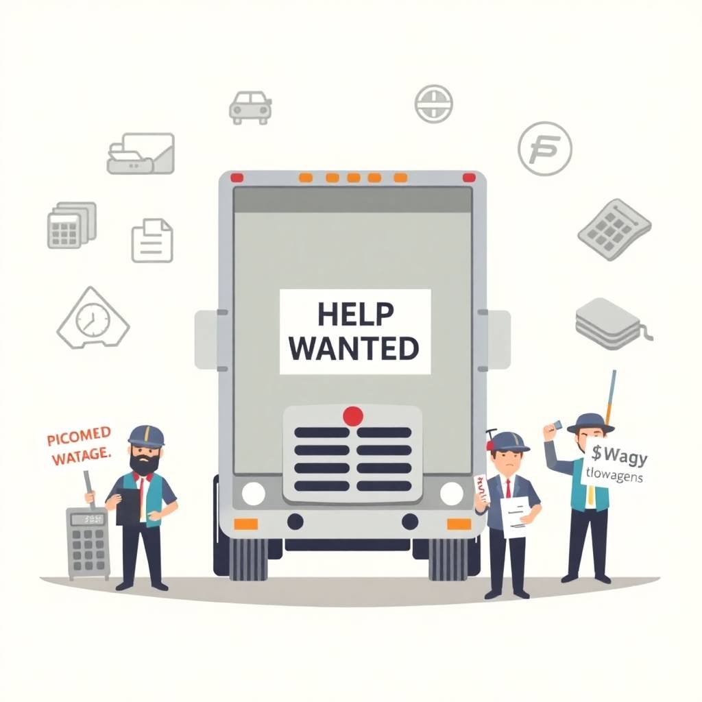 Flat illustration of Driver Shortage & Pay showing a Help Wanted truck with workers holding protest signs