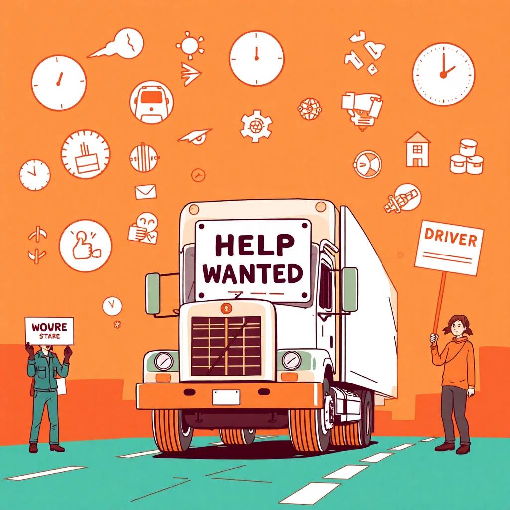 Anime-style flat illustration of Driver Shortage & Pay showing a truck with a Help Wanted sign and protesting workers