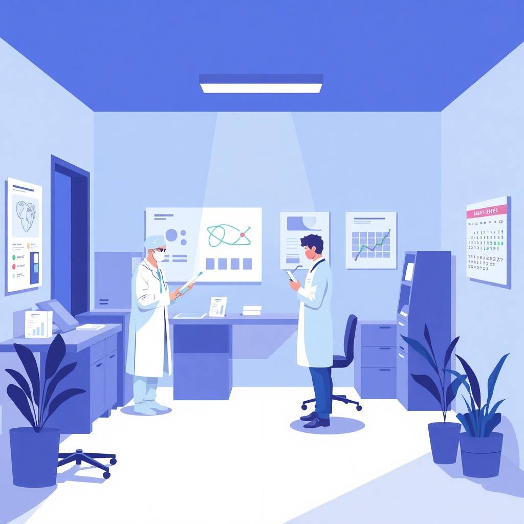 Flat style digital illustration of a laboratory setting illustrating Drug & Alcohol Testing Updates with two medical professionals, compliance charts, and testing materials.
