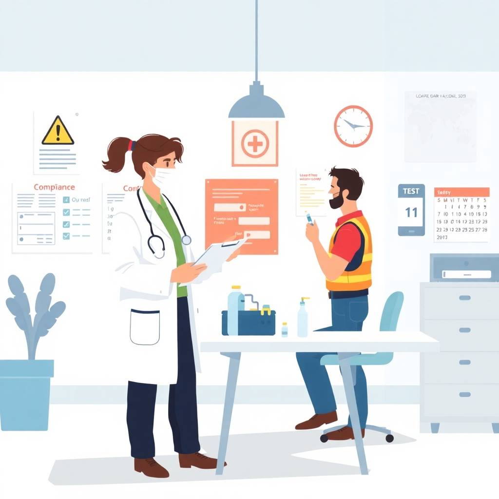 Flat style digital illustration depicting a workplace scene focused on Drug & Alcohol Testing Updates, with a medical professional holding a clipboard and a worker undergoing a test.