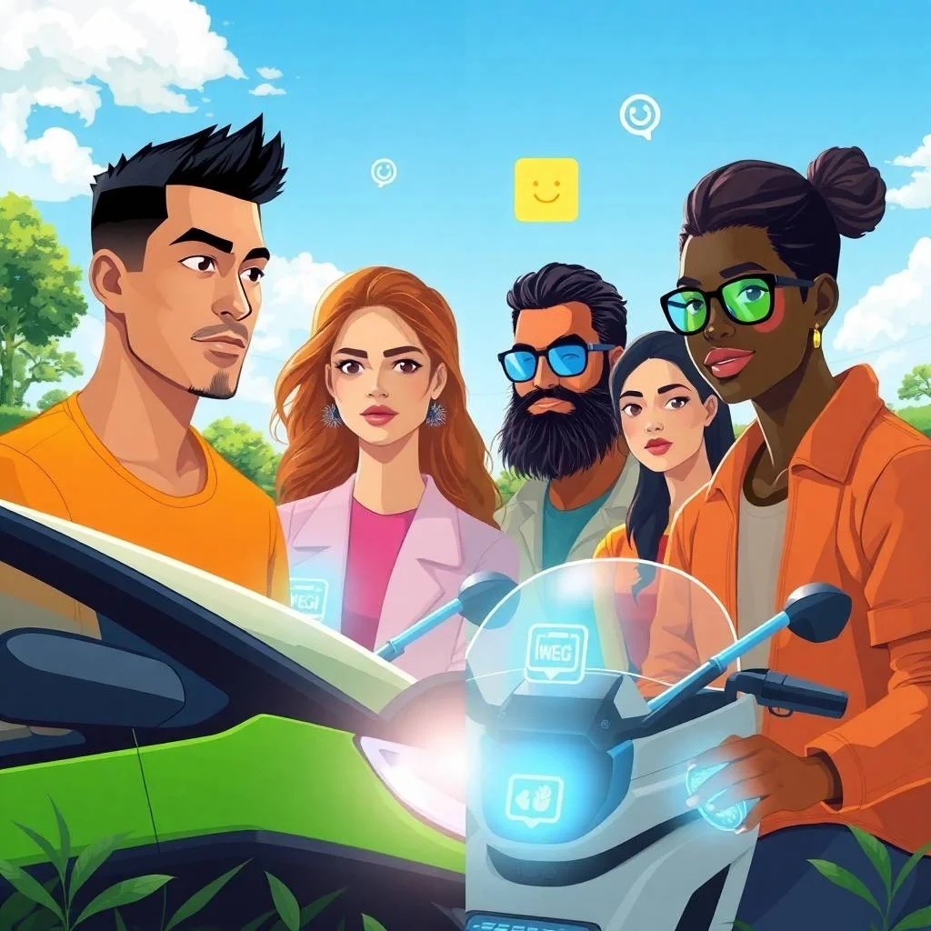 Diverse group of people engaging with electric vehicles in a futuristic setting, symbolizing the Electric Vehicles (EV) Boom and the shift toward clean, sustainable transportation.