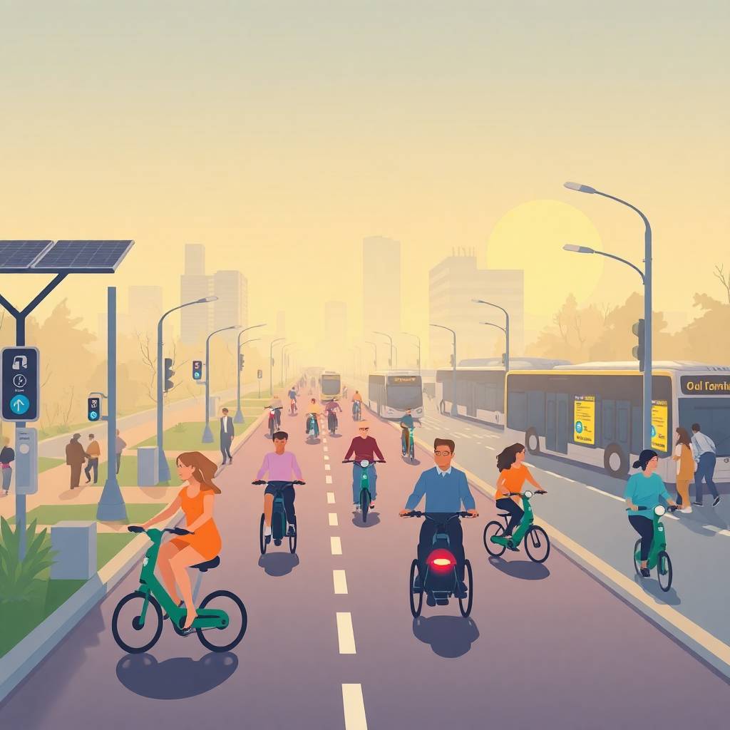 Flat design of a futuristic city with diverse riders and buses representing Urban and Micromobility