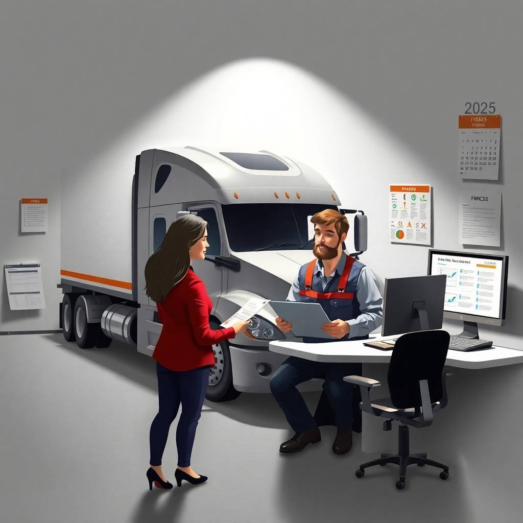 FMCSA compliance consultation between trucking manager and driver in modern office