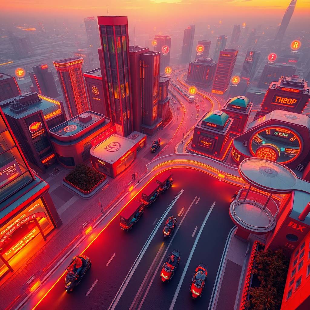 Surreal futuristic city with glowing roads and micromobility vehicles illustrating Urban and Micromobility
