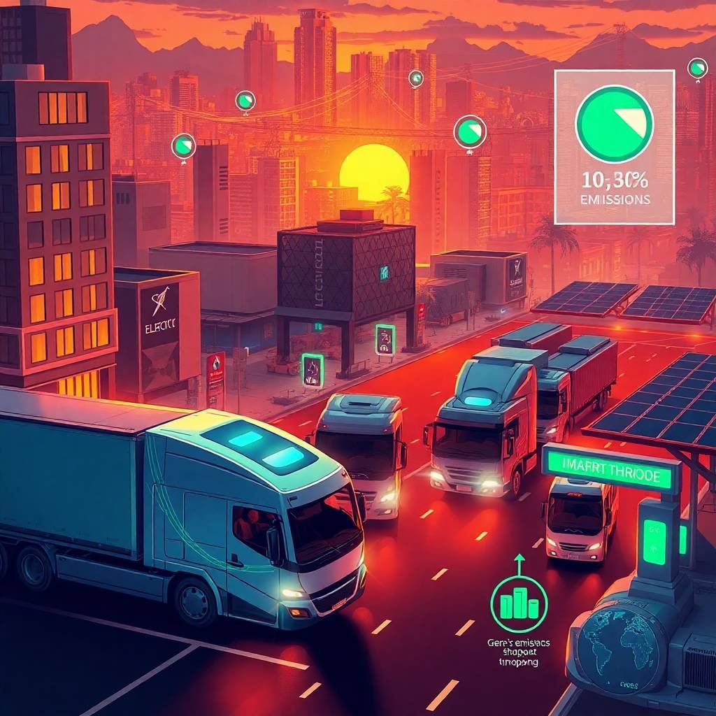Futuristic city logistics with electric trucks and smart infrastructure showing Supply Chain Reshoring/Nearshoring
