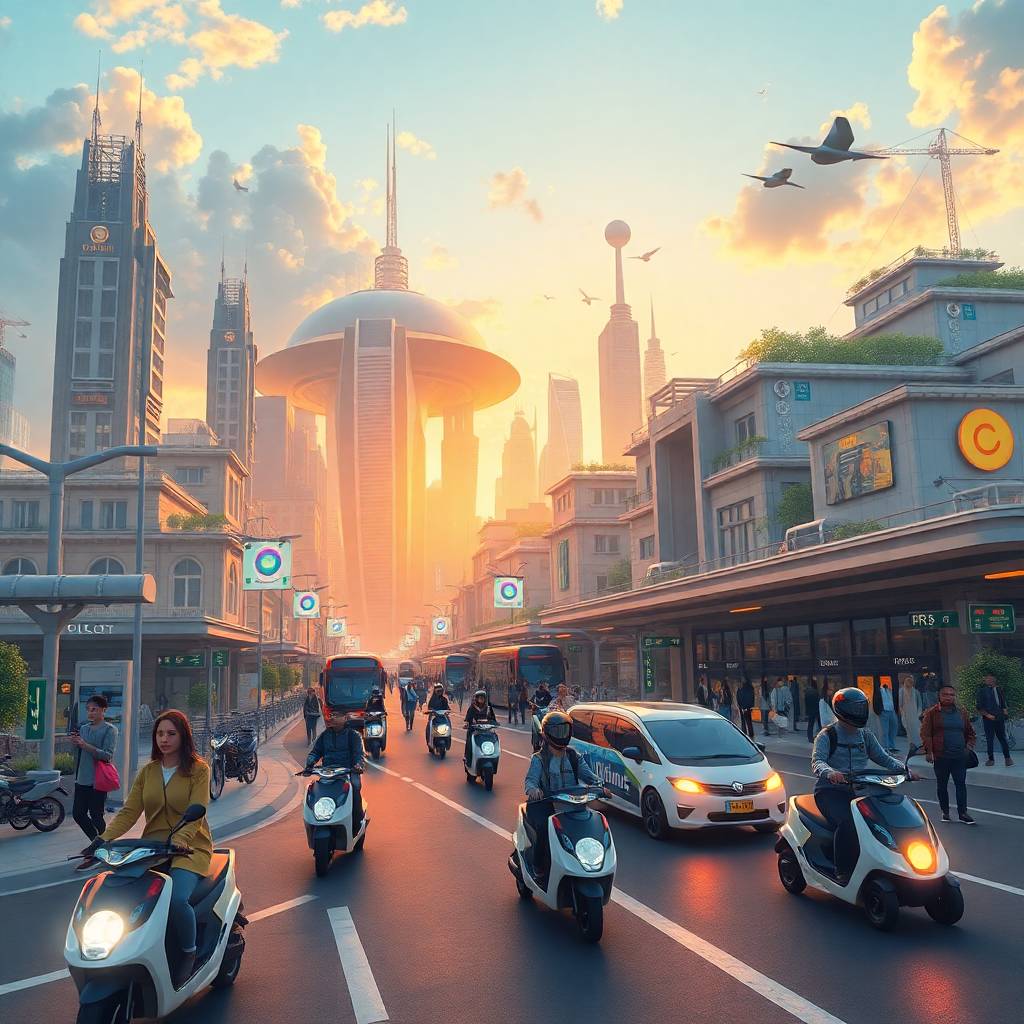 Futuristic city street with electric scooters and transit showing Urban and Micromobility in action