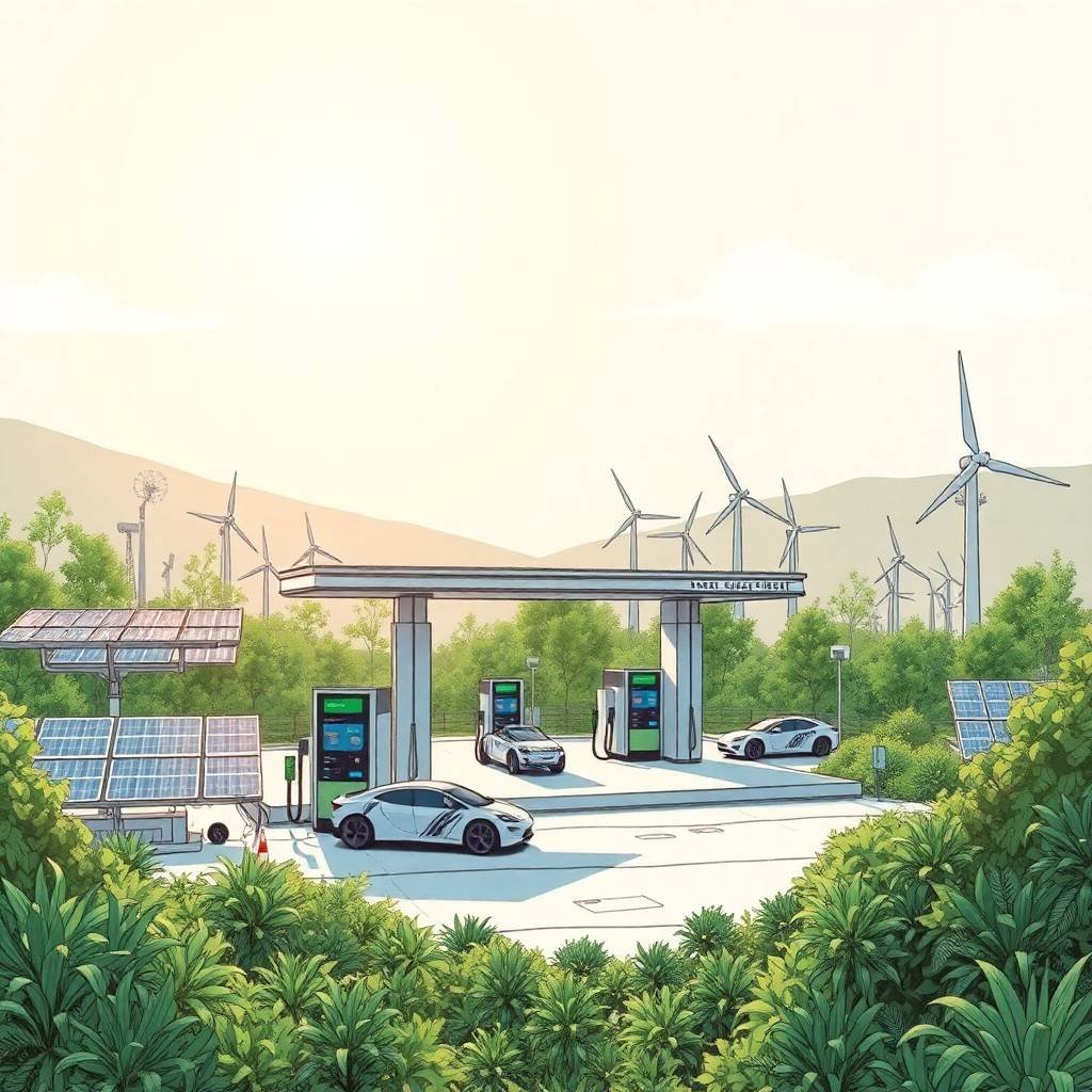 Futuristic EV station with solar panels and wind turbines showing Supply Chain Reshoring/Nearshoring