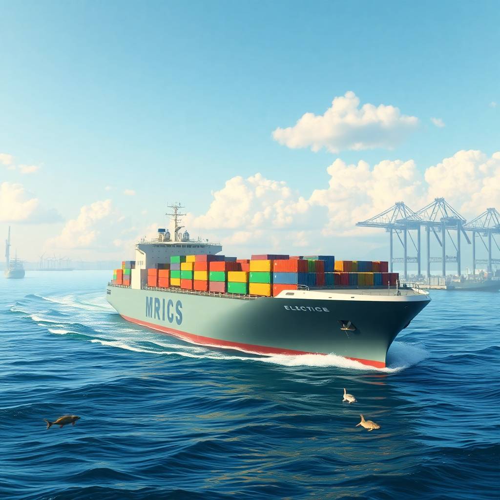Green Shipping Initiatives featuring an electric-powered cargo ship leaving a modern harbor under a clear sky