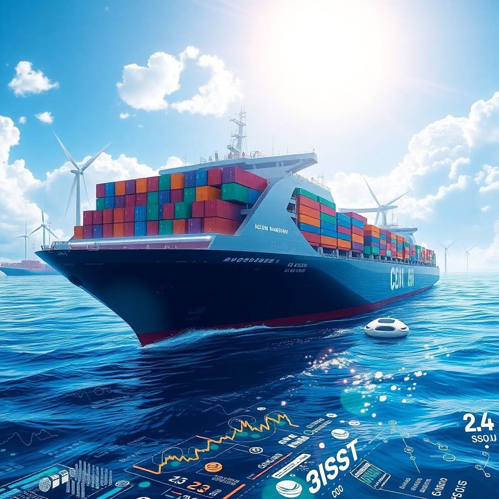 Futuristic cargo ship powered by renewable energy representing Green Shipping Initiatives at sea.