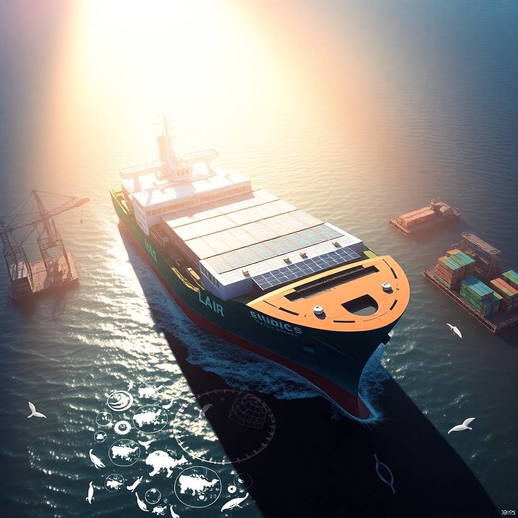 Green Shipping Initiatives showcasing a solar-powered cargo ship at port under strong sunlight