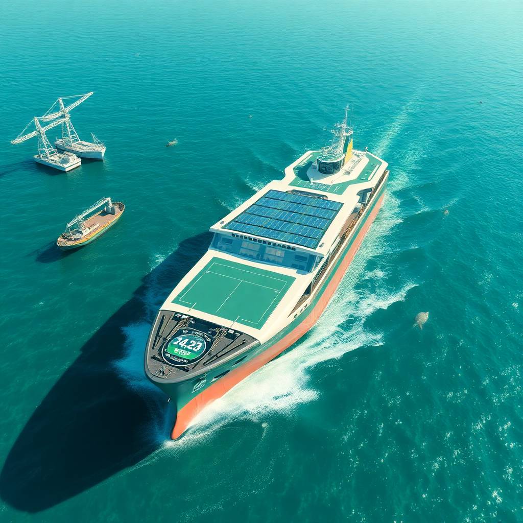 Green Shipping Initiatives featuring a futuristic solar-powered cargo ship with smart port technology in clear ocean waters