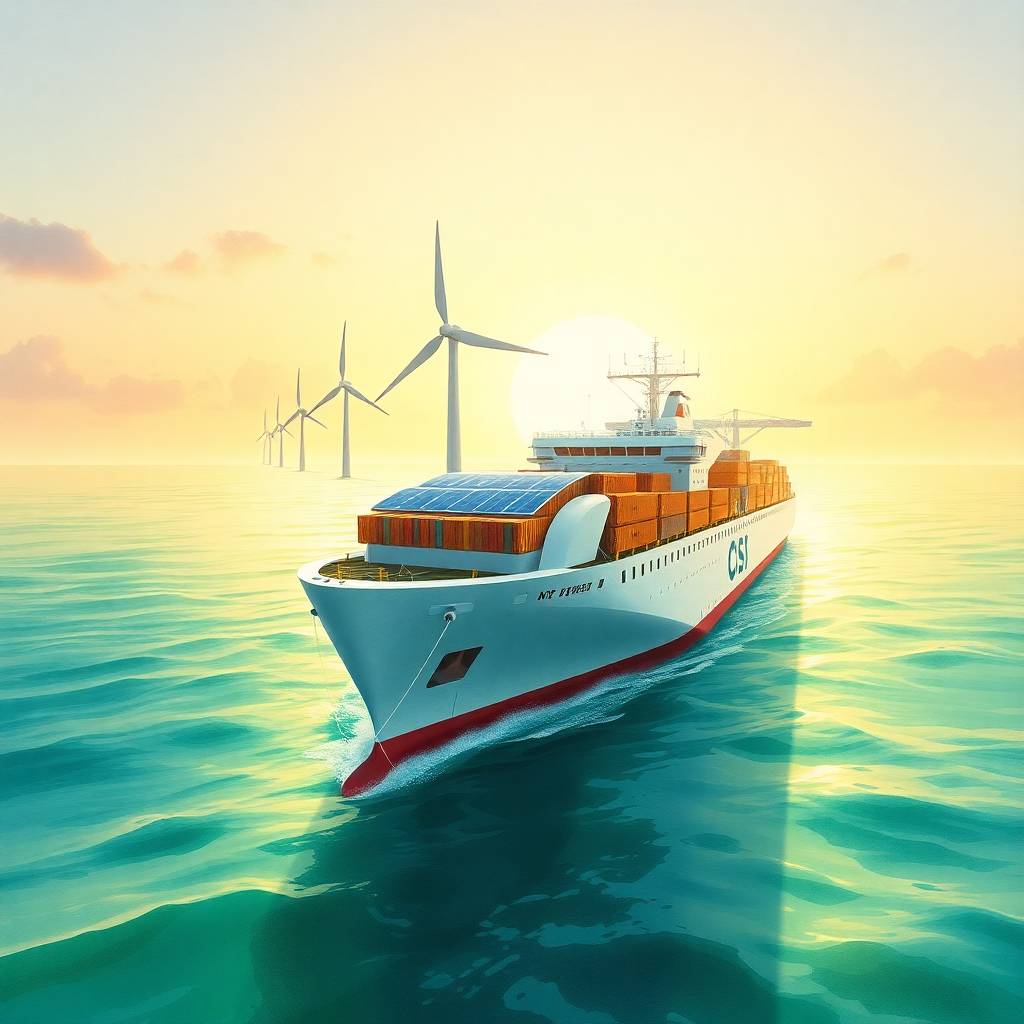 Green Shipping Initiatives illustrated by a futuristic cargo vessel powered by solar panels and wind turbines at sea