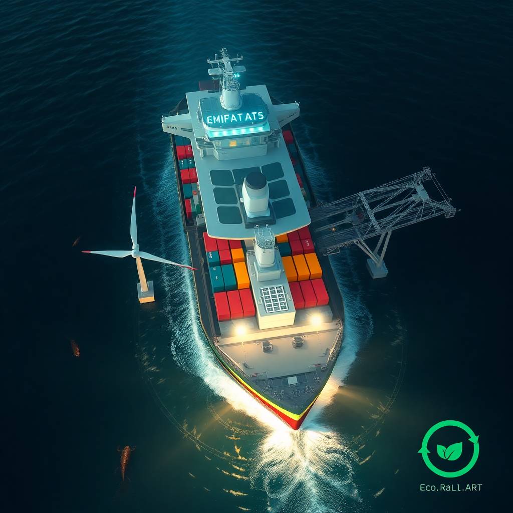Green Shipping Initiatives featuring a smart cargo ship powered by wind and solar energy at a high-tech night port