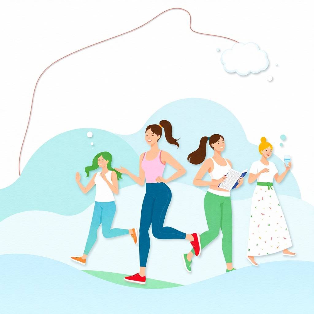 Flat vector illustration of diverse women participating in healthy activities such as jogging, reading, and hydration, reflecting wellness trends tied to the Electric Vehicles (EV) Boom.