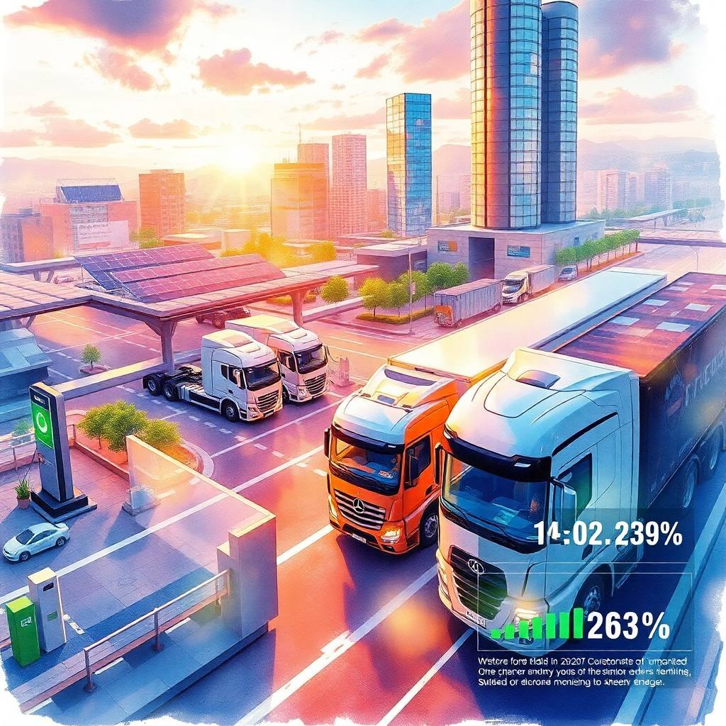 E‑Trucks (Electric Commercial Vehicles) in a futuristic smart city beside older diesel trucks at golden hour.