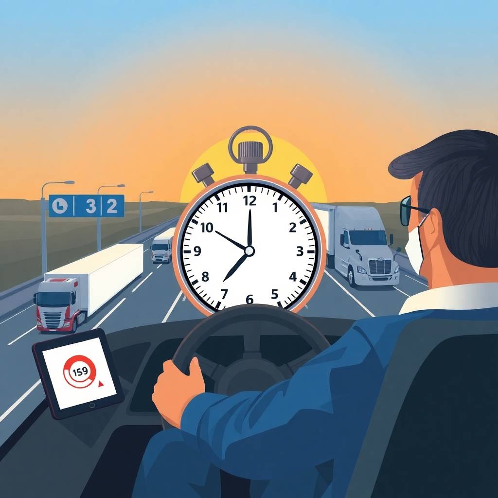 Flat-style illustration of a truck driver on the highway focused on a large stopwatch and digital timer, reflecting Hours‑of‑Service (HOS) Reforms.