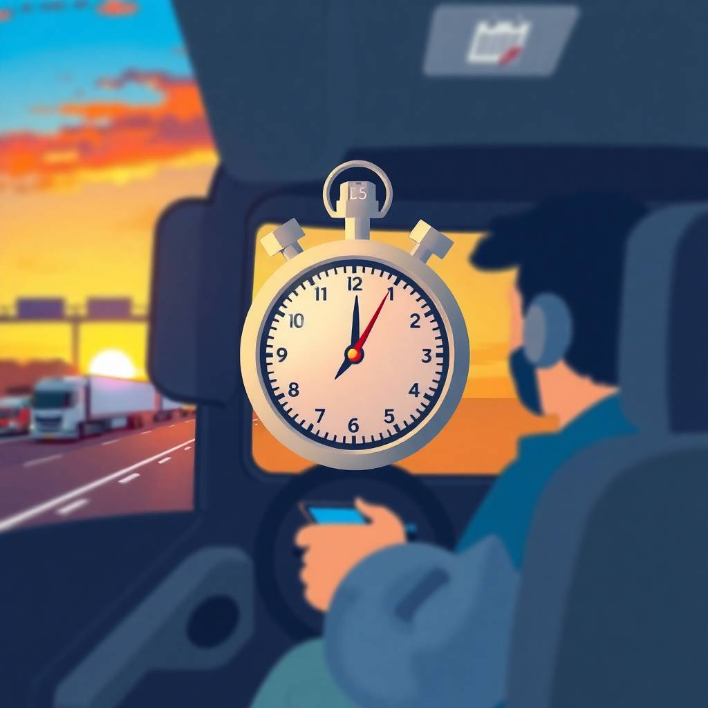 Flat-style illustration of a truck driver at sunset focusing on a large stopwatch, symbolizing Hours‑of‑Service (HOS) Reforms.