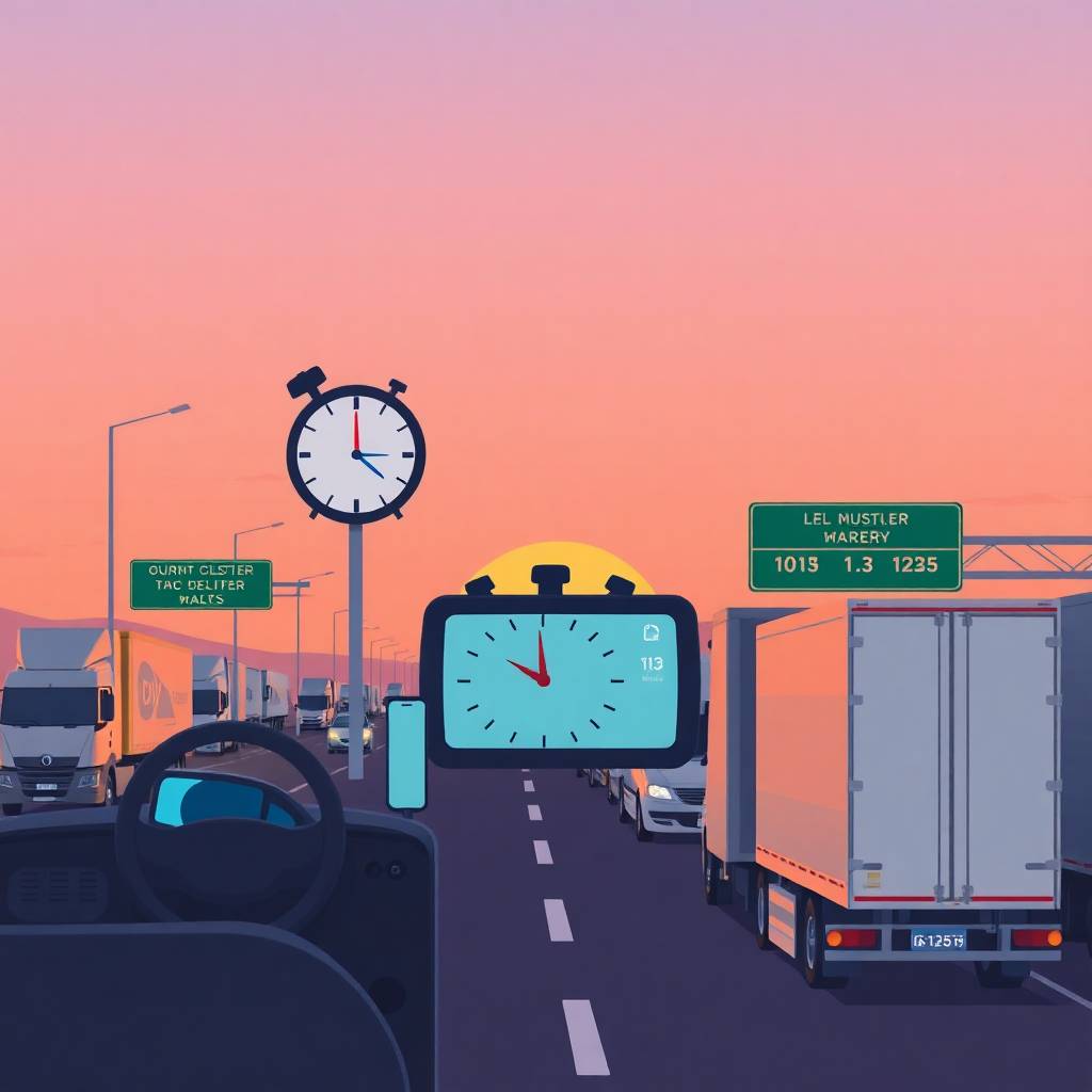 Flat-style highway scene with multiple trucks, stopwatches, and a dashboard timer illustrating the impact of Hours‑of‑Service (HOS) Reforms.