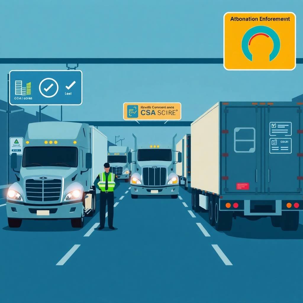Commercial truck inspection on highway showcasing CSA enforcement and compliance with Hours-of-Service (HOS) Rules