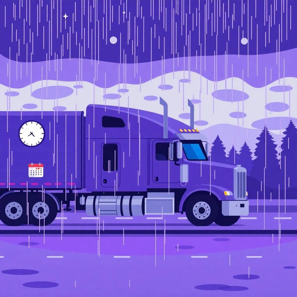 Flat-style illustration of a semi-truck in the rain with clock and calendar, symbolizing Hours-of-Service (HOS) Rules