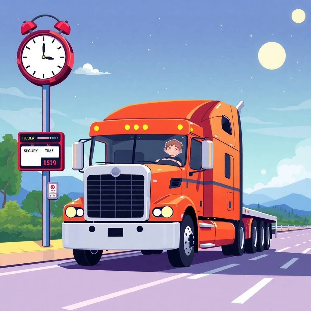 Anime-style flat illustration of a truck and driver near a clock, symbolizing Hours-of-Service (HOS) Rules
