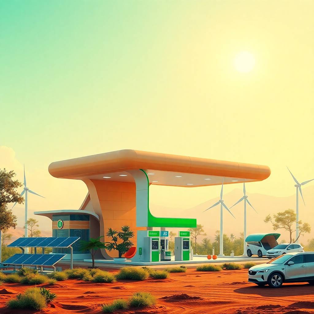 Futuristic fuel station powered by solar and wind energy with electric vehicles in a desert landscape, referencing the future of Hyperloop and High‑Speed Rail infrastructure.