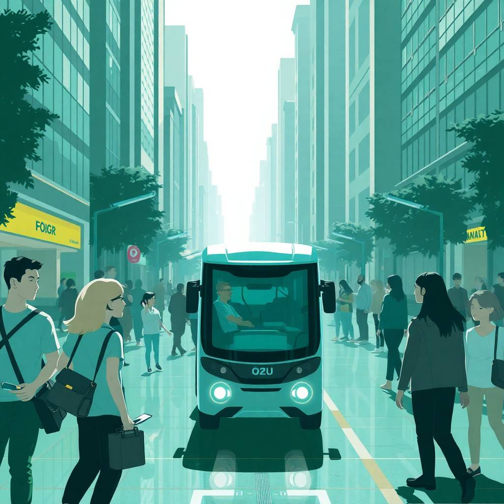 Illustration of a futuristic urban setting featuring Hyperloop and High‑Speed Rail with autonomous vehicles, modern infrastructure, and green energy.