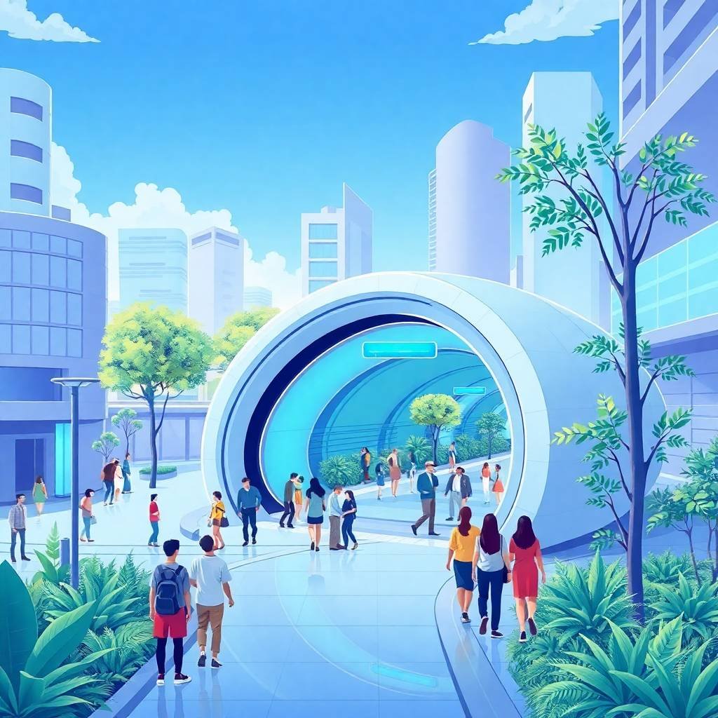 Futuristic Hyperloop and High‑Speed Rail terminal in a clean, green cityscape with diverse people and smart architecture.