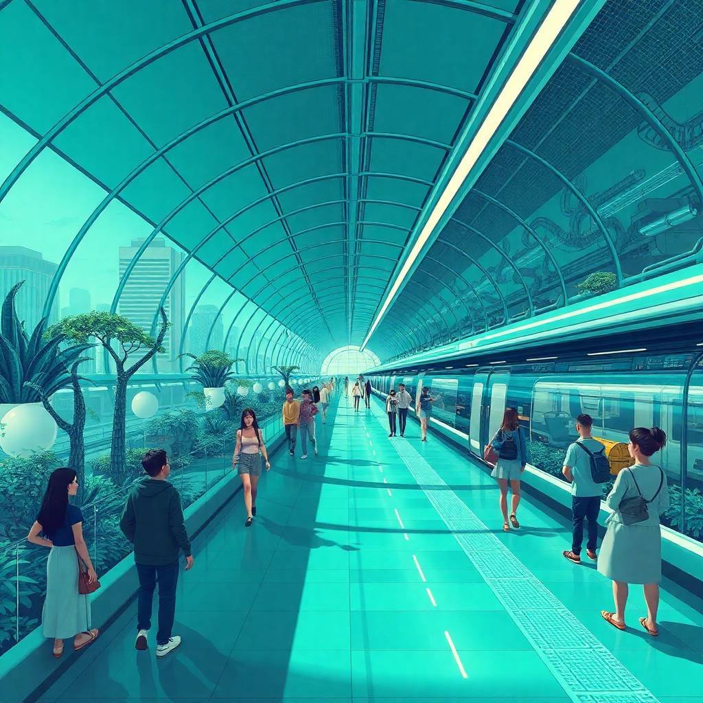 Futuristic hyperloop and high-speed rail terminal with green infrastructure, sustainable design, and people walking along a clean, modern transport hub.