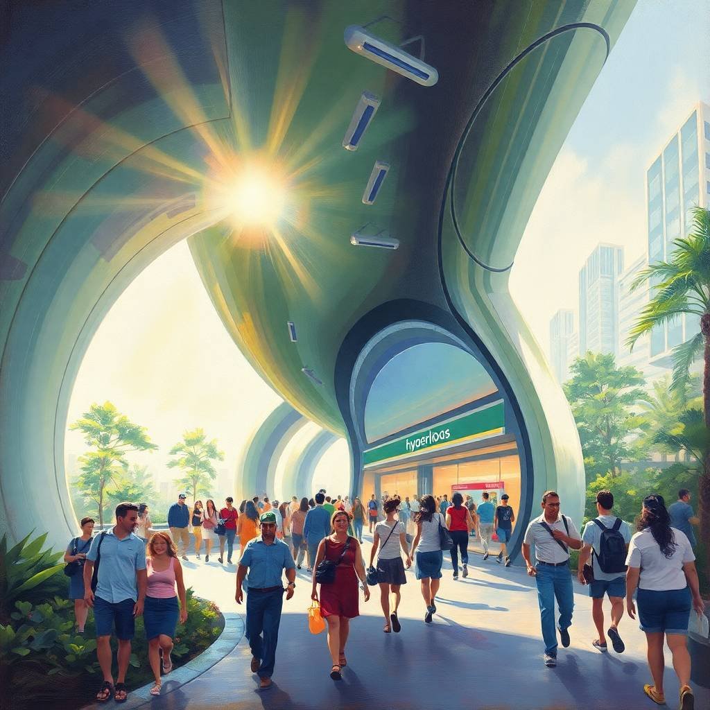 Futuristic hyperloop terminal with diverse pedestrians, bright sunlight, and innovative infrastructure investment in sustainable public transportation.