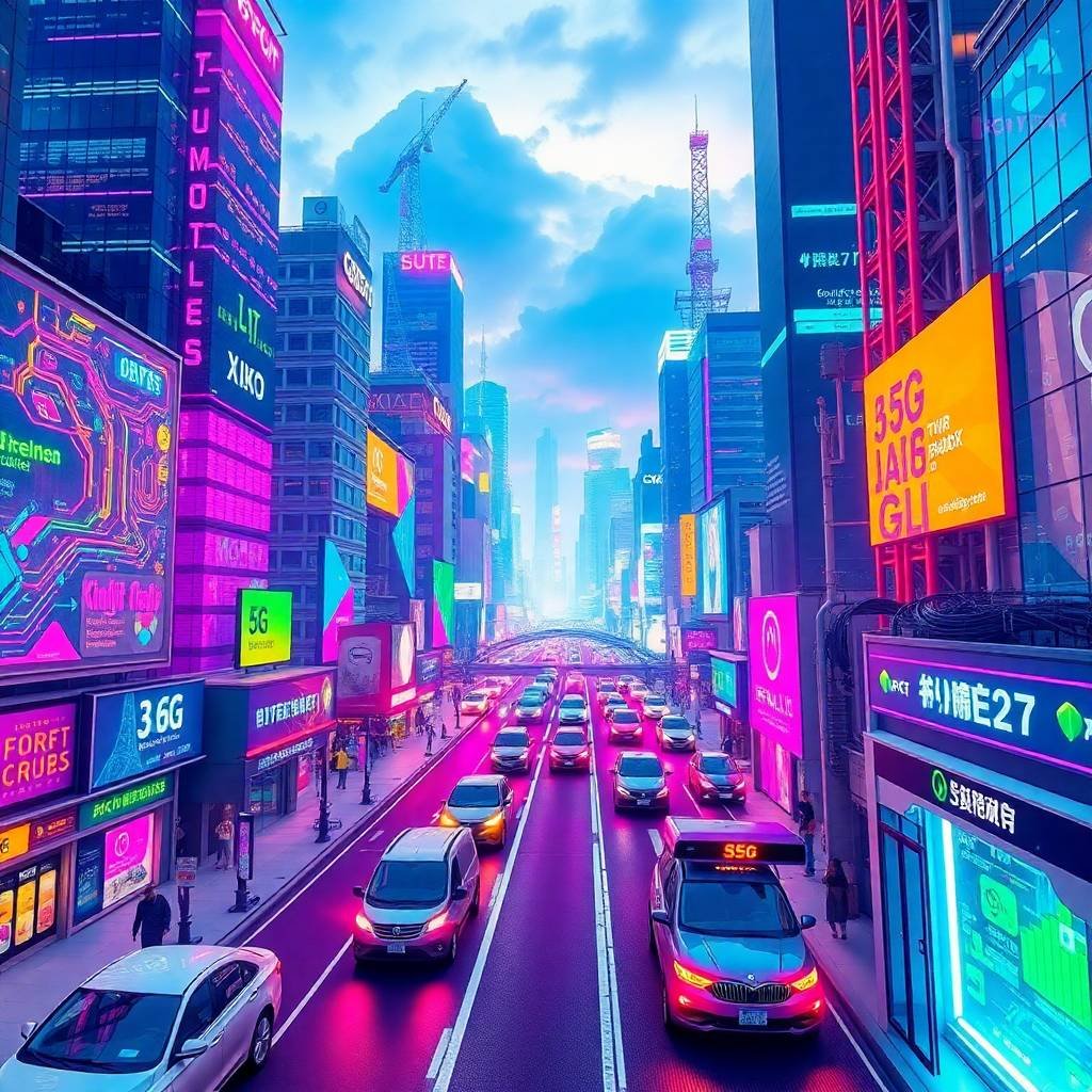Futuristic smart city illustrating infrastructure investment with 5G networks, autonomous vehicles, vibrant digital displays, and connected buildings.