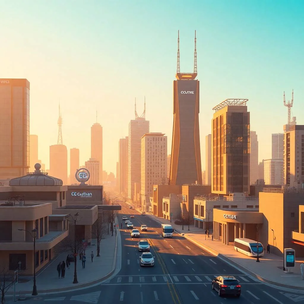Futuristic cityscape showcasing modern infrastructure investment with smart buildings, autonomous vehicles, and advanced connectivity under golden hour lighting.