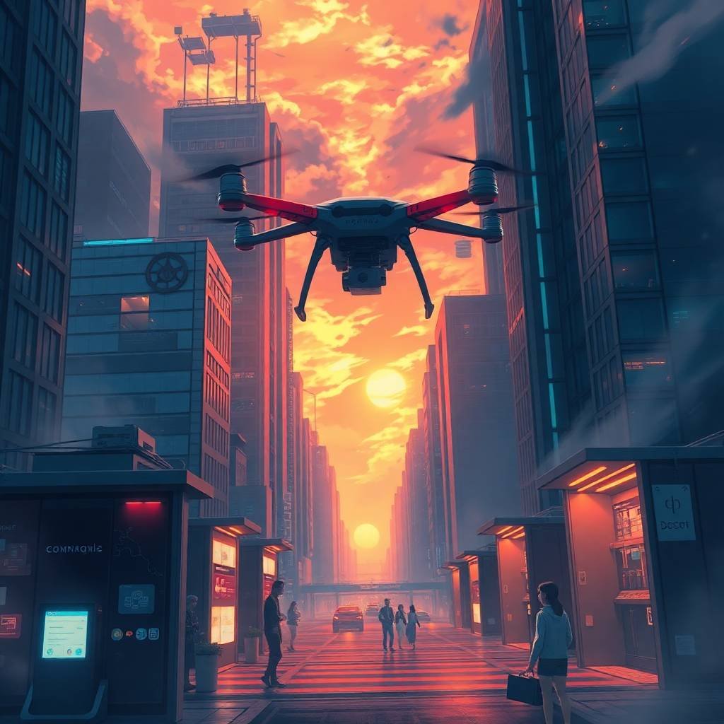 Last-Mile Drone Delivery with an autonomous drone flying through a glowing futuristic anime-style city at golden hour