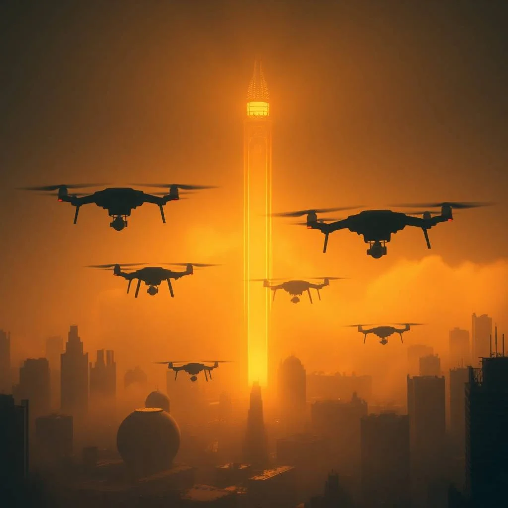 Last-Mile Drone Delivery with drones flying over a foggy futuristic city at golden hour with a glowing tower