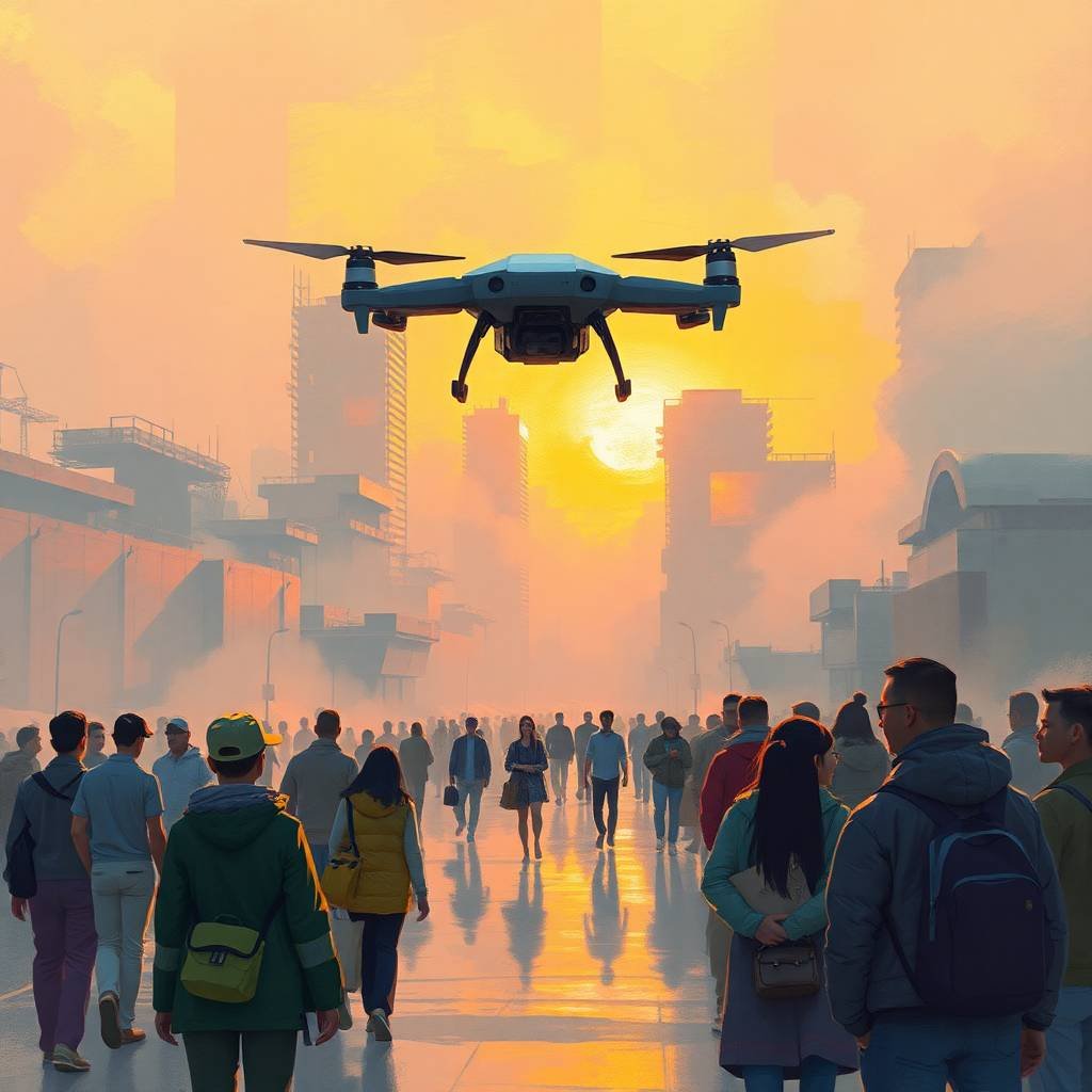 Last-Mile Drone Delivery in a futuristic city as a drone flies above a crowd at golden hour