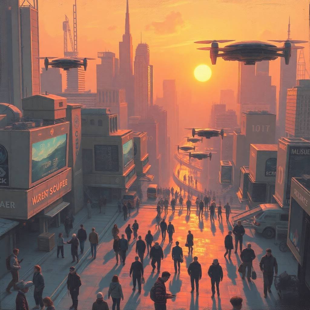 Autonomous Last-Mile Drone Delivery packages in a futuristic city at golden hour, with crowds of people and high-rise buildings in warm tones
