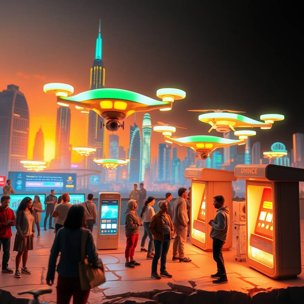 People using smart kiosks for Last-Mile Drone Delivery in a glowing futuristic cityscape at sunset