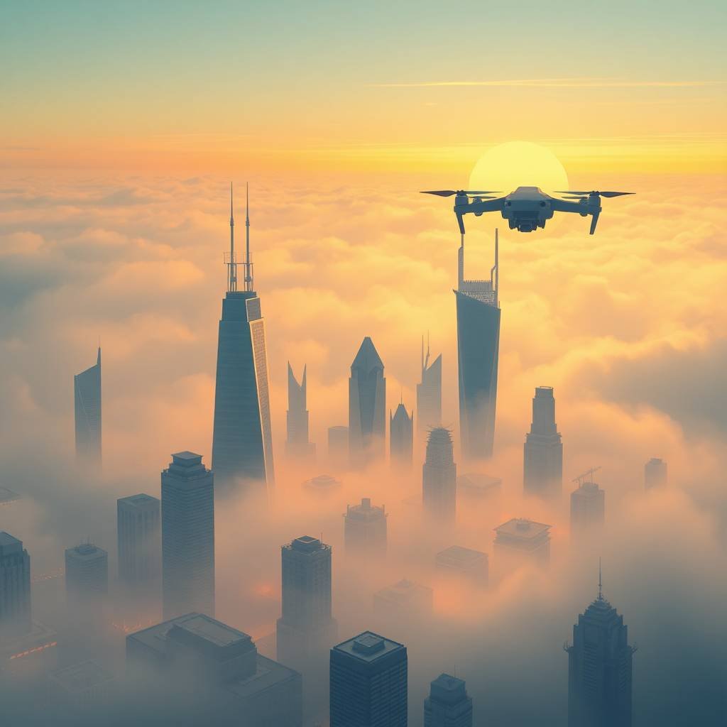 Last-Mile Drone Delivery above a fog-covered futuristic cityscape at sunrise