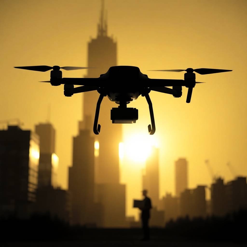 Silhouette of a drone flying during sunset in a futuristic cityscape, with a person receiving a package. Last-Mile Drone Delivery