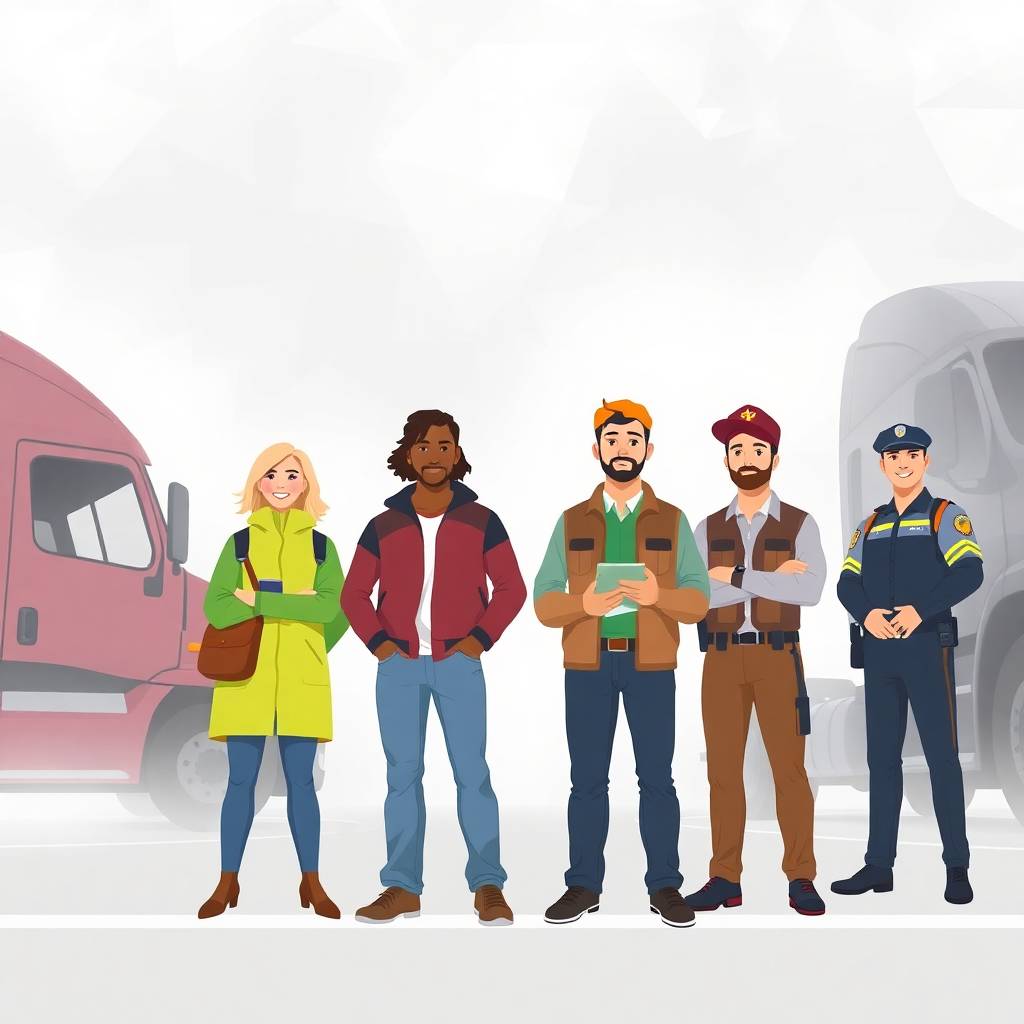 Five diverse commercial truck drivers standing confidently near their trucks during Operation Safe Driver Week.