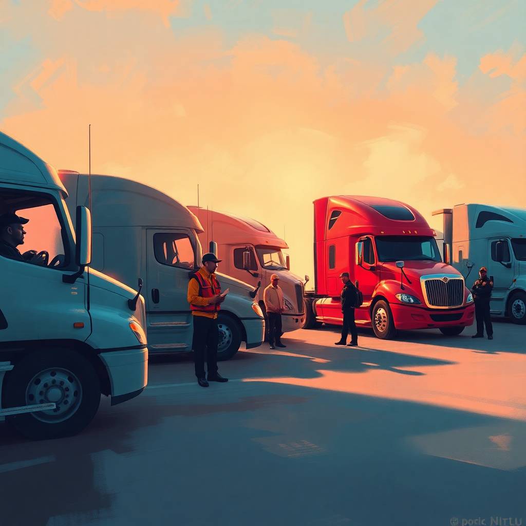 Five truck drivers stand beside their semi-trucks practicing safety during Operation Safe Driver Week.